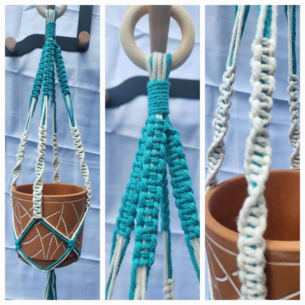 Handmade Homemade Macrame Plant Hanger in Bright Teal & White Spiral